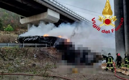 Momentul in care un TIR explodeaza pe o autostrada, in Italia. È˜oferul a murit pe loc. VIDEO