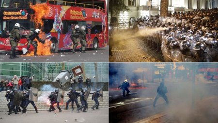 Protestele violente au cuprins Europa. <span style='background:#EDF514'>INCAIERA</span>ri cu politia in Grecia si Franta, val de oameni in strada in Georgia, greva generala in Italia