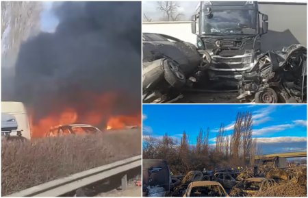 Un roman a filmat primele momente dupa accidentul cu 41 de masini din Ungaria: O familie din Pitesti careia i-a luat foc masina! | VIDEO