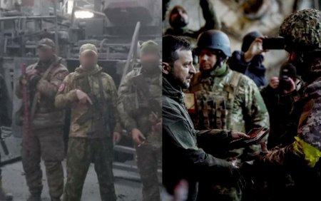 Mercenarii Wagner s-au fotografiat fix in acelasi loc in care Zelenski s-a <span style='background:#EDF514'>POZA</span>t cu trupele ucrainene din Bahmut