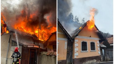 Incendiu puternic in Brasov. O casa a fost mistuita de flacari, iar proprietarul a fost muscat de <span style='background:#EDF514'>CAINELE</span> panicat