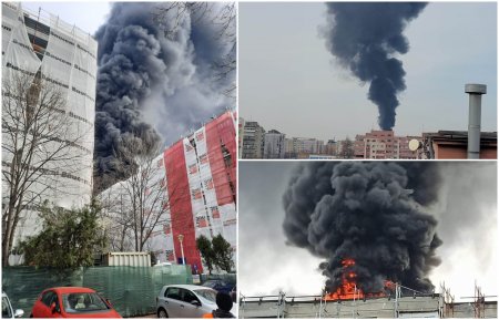Incendiu puternic in <span style='background:#EDF514'>CARTIERUL</span> Rahova din Bucresti, o coloana uriasa de fum negru se ridica dintre blocuri