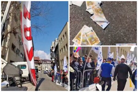 Protest cu macara, <span style='background:#EDF514'>BANI FALSI</span> si arestari in fata Ministerului Sportului: Demisia Eduard Novak!