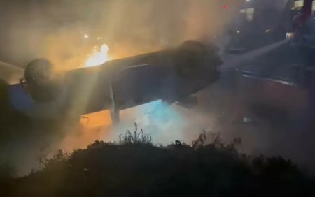 Trei accidente produse pe DN 73, in ultimele 24 de ore. O masina a ars ca o torta dupa ce s-a rasturnat. VIDEO