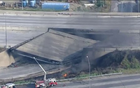 O portiune dintr-o autostrada aglomerata s-a prabusit dupa ce o cisterna cu produse petroliere a luat foc