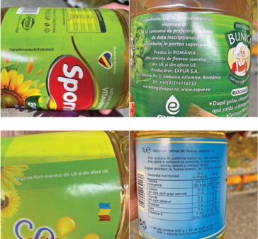 Eticheta tricolora ascunde adevarul importurilor: uleiul romanesc e facut cu seminte de floarea-soarelui din Ucraina, desi Romania e cel mai mare producator din UE de floarea-soarelui. Marcile de ulei de floarea-soarelui din Romania defileaza pe rafturile supermarketurilor cu tricolorul pe eticheta