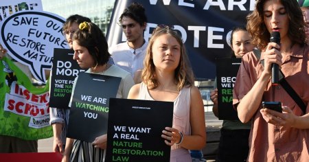 Protest <span style='background:#EDF514'>PRO SI CONTRA</span> Legii Restaurarii Naturii la Bruxelles. Greta Thunberg, mesaj pentru politicieni VIDEO