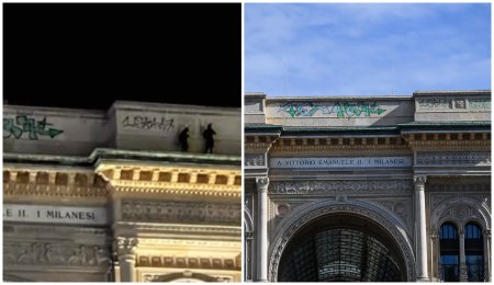 Trei barbati au urcat pe Galeria Vittorio Emanuele II din Milano si au desenat <span style='background:#EDF514'>GRAFFITI</span>, sub privirile turistilor