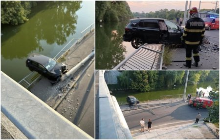 Masina furata de un baiat de 13 ani, suspendata deasupra lacului <span style='background:#EDF514'>STRAULESTI</span>. A rupt un stalp, pe Bulevardul Bucurestii Noi