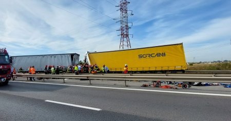 Grav accident pe A1 Bucuresti-Pitesti. Doua autoturisme si doua tiruri implicate. Starea victimelor FOTO