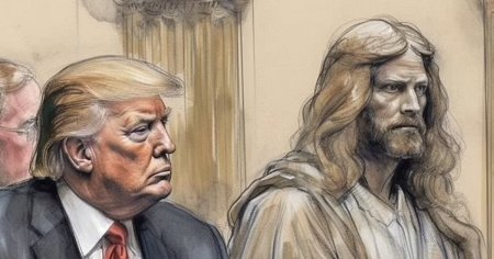 <span style='background:#EDF514'>SCHITA</span> bizara care il infatiseaza pe Trump la tribunal alaturi de Isus FOTO