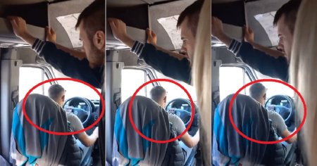 Sofer de microbuz cu calatori, butonand telefonul in timp ce conduce. Pasager: Statea cu ochii in ecran VIDEO