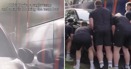 <span style='background:#EDF514'>RUGBI</span>stii neozeelandezi au luat pe sus o masina de teren care bloca autocarul echipei: Antrenament usor pentru All Blacks