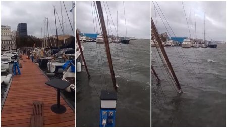 VIDEO | Velier scufundat in portul Tomis, dupa furtuna de azi noapte din judetul Constanta. Mai multe ambarcatiuni au fost rasturnate