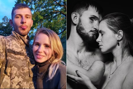 Soldatul ucrainean Andri Smolenski, care si-a pierdut bratele, vederea si partial auzul, a pozat langa Alina, sotia lui: 