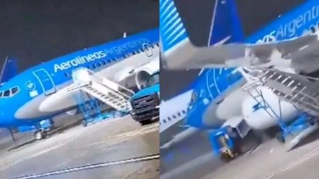 Imagini filmate cand un avion Boeing 737 e luat de vant pe pista si intors 90 de grade. Furtuna a a scos din uz 8 aeronave, in Buenos Aires