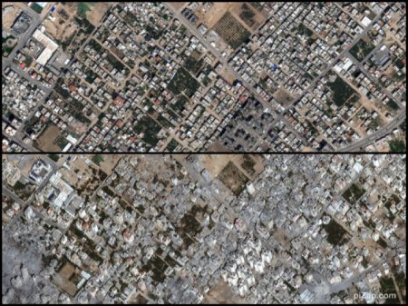 Inainte si dupa. Imaginile arata distrugerile masive din Gaza. Razboiul din Fasia Gaza genereaza distrugeri comparabile cu cele mai devastatoare razboaie urbane din istoria moderna