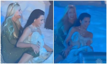 Aparitii excentrice la Hollywood. Kim Kardashian si Paris Hilton au venit la o petrecere pe sanie, imbracate in <span style='background:#EDF514'>ROCHII DE GALA</span>