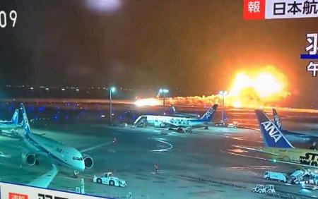 Un avion a luat foc pe pista aeroportului Haneda din Tokyo. VIDEO