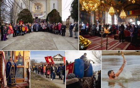 REPORTAJ Boboteaza pe malul Dunarii, in comuna Ostrov: procesiune la debarcader, concurs de prins crucea si curse de cai