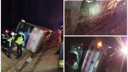 Un autocar a cazut intr-un sant pe marginea DN5, in Giurgiu. Soferul si pasagerii au ramas blocati
