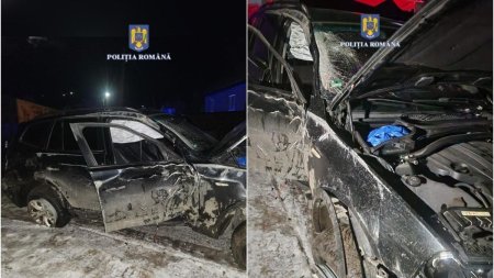Doi tineri s-au izbit cu BMW-ul de gardurile a doua case, s-au rasturnat si apoi au ascuns masina intr-o curte la intamplare, in Neamt