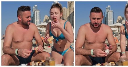 Un cuplu de romani a mancat <span style='background:#EDF514'>SLANINA</span> cu ceapa, pe plaja, in Dubai. Reactii hilare pe internet. VIDEO