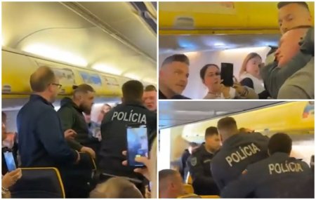 Panica la bordul unui avion Ryanair, dupa ce un pasager a inceput sa se certe cu alti calatori. Barbatul a fost dat jos cu forta din aeronava