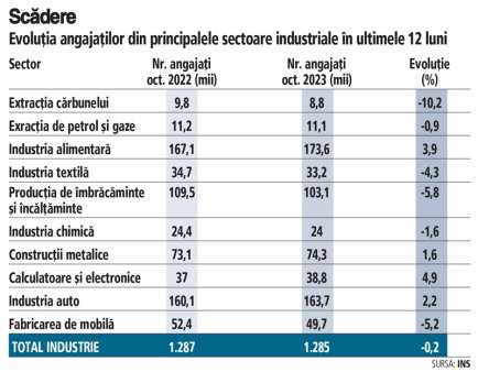 Romania are una dintre cele mai mari ponderi ale industriei in PIB din UE, dar industria nu absoarbe angajati noi. Romania are 5 milioane de angajati in total, cand ar trebui sa aiba peste 8 milioane, asa cum Ungaria, cu o populatie la jumatate, are tot 5 milioane de angajati in economie