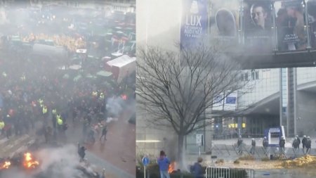Incendii in fata Parlamentului European de la Bruxelles, provocate de fermierii protestatari. In cladire se afla si Klaus Iohannis
