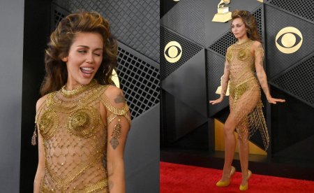Miley Cyrus, aparitie excentrica intr-o rochie facuta numai din ace de siguranta. Artista i-a adus un omagiu Tinei Turner la premiile Grammy 2024