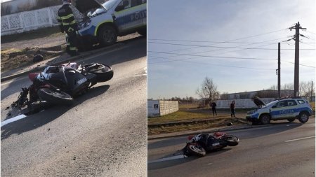 Accident rutier intre <span style='background:#EDF514'>UN MOTOCICLIST</span> si o masina de Politie, care insotea o ambulanta, in Timisoara