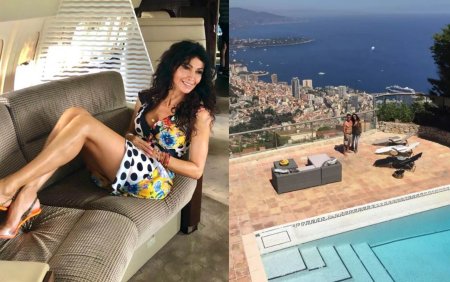 Imagini din casa in care <span style='background:#EDF514'>MIHAELA RADULESC</span>u locuieste in Monaco. Are rochii in loc de perdele si multe statui cu femei goale