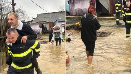 Mai multi barbati s-au lasat salvati de apa pana la glezna, urcandu-se in spatele pompierilor, in Hunedoara