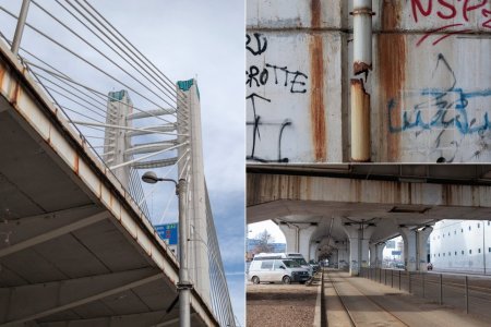 Podul Basarab, la 13 ani de la inaugurare: rugina, bucati de beton care se desprind, mizerie 