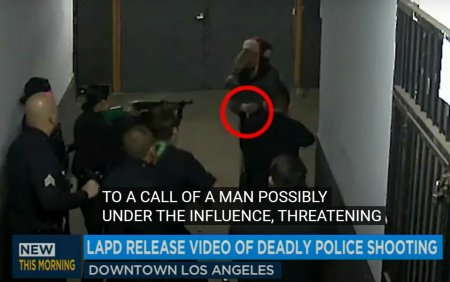 VIDEO. Un barbat care tinea in mana o <span style='background:#EDF514'>FURCULITA</span> de plastic a murit dupa ce a fost impuscat de politia din Los Angeles