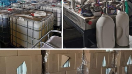 Detergent de haine contrafacut, imbuteliat intr-un depozit ascuns din Mures. Peste 100.000 de litri au fost gasiti la perchezitii