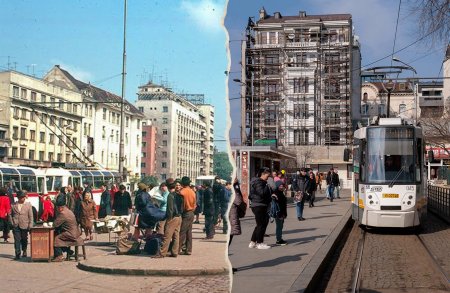 Bucuresti, atunci si acum. Libertatea a recompus 15 imagini cu cladiri istorice din Capitala: de la Casa Capsa la statia de tramvai de la Piata <span style='background:#EDF514'>SFANTUL GHEORGHE</span>