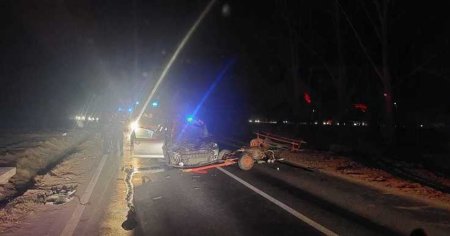 Accident teribil pe DN 25, in Galati. Un barbat a fost grav ranit dupa ce o masina a spulberat o <span style='background:#EDF514'>CARUTA</span>