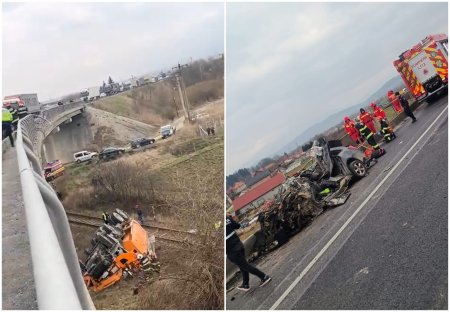 <span style='background:#EDF514'>ACCIDENT TERIBIL</span> in judetul Sibiu: 3 oameni au murit dupa ce un camion a intrat intr-o masina si apoi a cazut de pe un viaduct | VIDEO