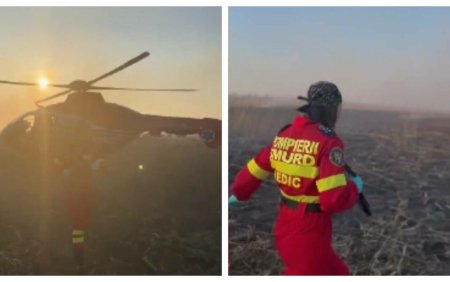 O familie prinsa in mijlocul unui incendiu de vegetatie in Delta Dunarii, salvata cu ajutorul unui elicopter SMURD
