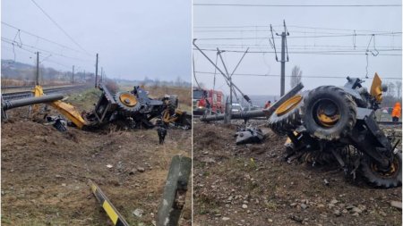 Accident feroviar infiorator! Un barbat a murit, dupa ce un tren a lovit in plin un buldoexcavator, in Caiuti, judetul Bacau