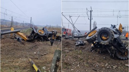 <span style='background:#EDF514'>ACCIDENT FEROVIAR</span> infiorator! Un barbat a murit, dupa ce un tren a lovit in plin un buldoexcavator, in Caiuti, judetul Bacau