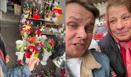 Soacra lui <span style='background:#EDF514'>CODIN</span> Maticiuc vinde flori in Bucuresti. Cu basma pe cap si zambetul pe buze, doamna Paula s-a bucurat ca ginerele a vizitat-o la munca