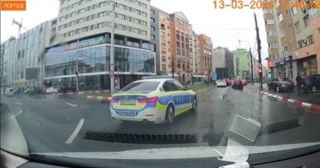 Masina de Politie, la un pas de accident in Sibiu. Cat poate costa <span style='background:#EDF514'>TUPEU</span>l pe sosele. Se fac cercetari VIDEO