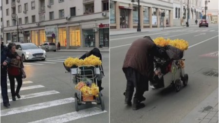 Imagini emotionante cu bunicuta care vinde flori cu caruciorul in Craiova. La 80 de ani continua sa munceasca