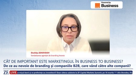 ZF Live. Dochita Zenoveiov, fondatoarea agentiei de branding Inoveo: Brandingul este despre optimizare, indiferent ca este vorba de B2B sau B2C. Dar, in mod special, in B2B, pentru ca poti sa angajezi forta de munca mult mai rapid, poti sa optimizezi inclusiv negocierile cu furnizorii, iar totul se vede in profitabilitate