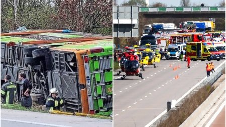 Carnagiu pe autostrada, dupa ce <span style='background:#EDF514'>UN AUTOCAR</span> a virat dreapta. Cel putin cinci oameni au murit, in Germania