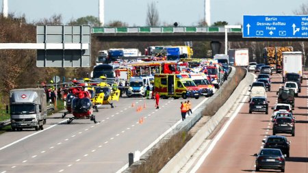 Accident grav in Germania. Cel putin cinci oameni au murit, dupa ce <span style='background:#EDF514'>UN AUTOCAR</span> s-a rasturnat pe o autostrada | GALERIE FOTO