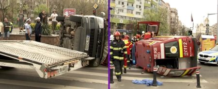 <span style='background:#EDF514'>ACCIDENT IN BUCURESTI</span>. Ambulanta SMURD, rasturnata dupa o ciocnire cu un autoturism